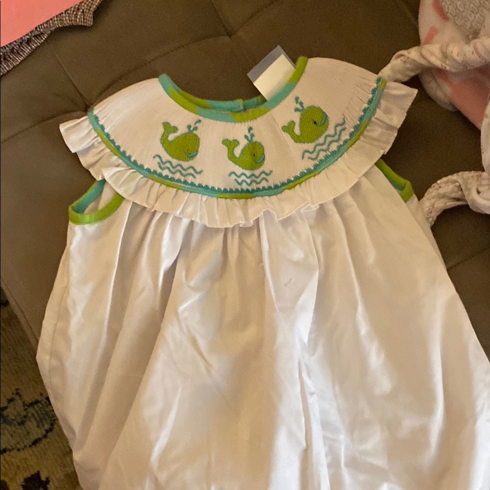 White and Green Kids Dress with Whale Design